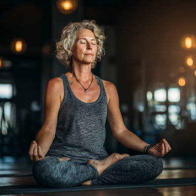 Літні люди займаються йогою в парку